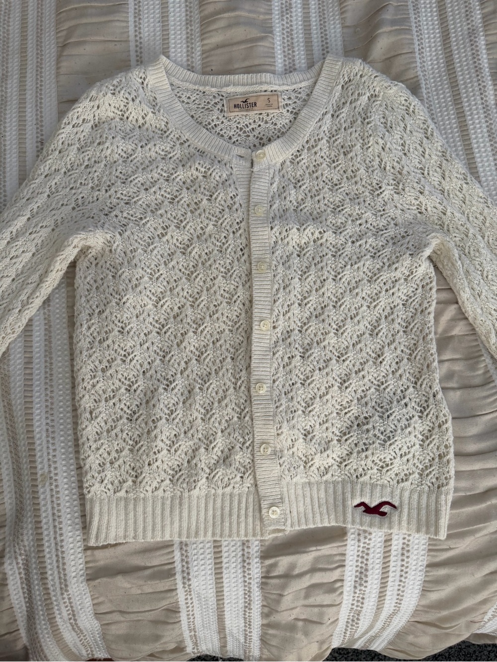 Hollister Women's Cream Lace-Pattern Button Cardigan with Red Logo